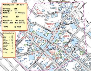 One of several maps of downtown Belfast showing the locations of various types of public and private parking. (Source: cityofbelfast.org)