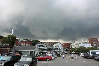 As the storm approaches Wednesday afternoon, clouds swirl over downtown Camden. (Photo by Holly S. Edwards)