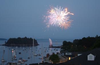 July 4, 2012, Independence Day fireworks over Camden Harbor, featuring Curtis Island and the Camden Yacht Club. (Photo by Holly S. Edwards)