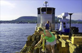 Jeremy and Shannon Hay, husband and wife, set up fireworks on a barge in Camden Harbor, near Curtis Island, for the July 4, 2013 birthday celebration of the United States. (Photo by Lynda Clancy)