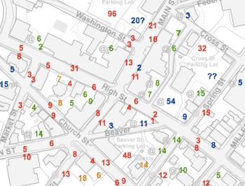A map of downtown Belfast created by the city's planning office to indicate numbers of existing and potential parking spaces. Background colors have been adjusted to highlight the numbers. (Source: cityofbelfast.org)