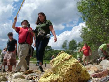 Ron Huber, red shirt, left, of the environmental advocacy group Friends of Penobscot Bay leads a walk on the beach near GAC Chemical Corp. In the foreground a football-sized lump of a yellow sustance, possibly a sulfur compound. (Photo by Ethan Andrews)