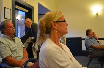 Carol Coyle, of Camden and who has been a special needs teacher at Camden Hills Regional High School for years, spoke in favor of the Fox Hill treatment center, saying she hoped staff there would share its expertise with local educators, focusing on substance abuse and teen suicide. (Photo by Lynda Clancy)
