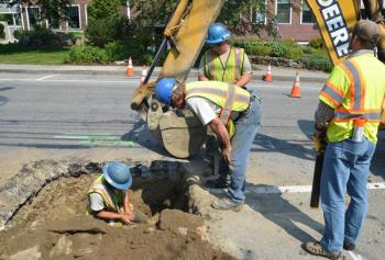 Eric Kenefick,Shaun McNulty, Lee Philbrook, all Maine Water employees, along with Matt Jandreau, of On Target, a contractor for Dig Safe. (Photo by Lynda Clancy)