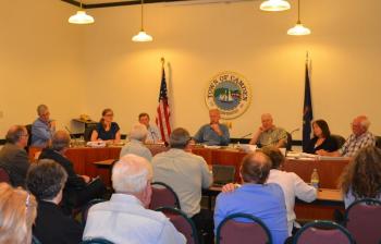 The Camden Planning Board includes Kim Tuttle, Richard Householder, Lowrie Sargent, John Scholz, Jan McKinnon and Richard Bernhard. Absent from this photo is Chairman Chris MacLean, who is recusing himself from the Fox Hill proceedings because his law firm represented previous owner Ellen Simmons. (Photo by Lynda Clancy)