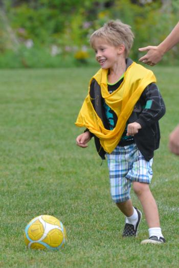 This young man scored a goal against a bunch of Medomak Valley high school players likw a knife through butter. (Photo by Ron Hawkes)