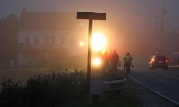 As the sun goes down on the evening's training in South Thomaston, fog blankets everything around the Keag area. (Photo by Holly S. Edwards)