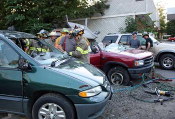 The scene at Camden Exxon on Union Street in Camden Tuesday night during access team extrication training. (Photo by Holly S. Edwards)