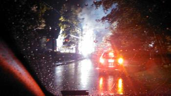 Motorists encounter the downed transformer on Park Street, before the Camden Fire Department was called to block the street. (Courtesy Brian Robinson)