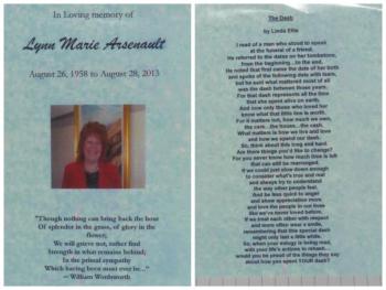 A handout given to participants about Lynn Arsenault. (Photo by Erica Thoms)