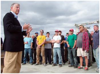 Eliot Cutler, speaks to workers at Front Street Shipyard, Sept. 26. (Photo by Ethan Andrews)