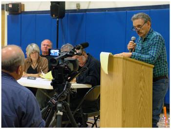 David Marceau of Searsmont was one of two voters who spoke Tuesday night against the current budget, based on a projected 10-percent property tax increase. (Photo by Ethan Andrews)