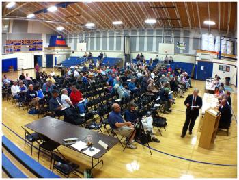 Roughly 150 voters attended Tuesday night’s RSU 20 public budget meeting at Troy Howard Middle School. (Photo by Ethan Andrews)