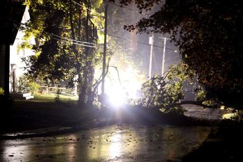 A large tree that fell across Park Street in Camden took down wires and a transformer, which arced for about 30 minutes, until Knox County officials asked Central Maine Power to cut power to the county, due to the sheer volume of storm damage and downed wires. (Photo by Holly S. Edwards)