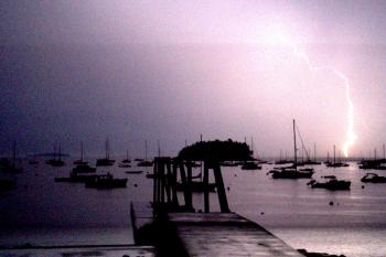 Lighting strikes south of Camden Harbor Wednesday night. (Photo by David Edwards)
