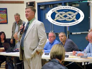 RSU 20 Superintendent Brian Carpenter Sept. 10 urges voters to accept the third draft of the school district’s 2013-14 budget. Two previous drafts of the budget had been rejected at the polls. (Photo by Ethan Andrews)