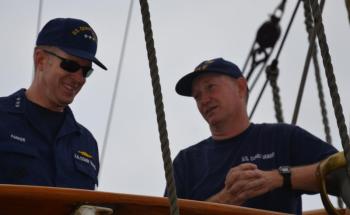 Vice Admiral Robert Parker, USCG, and Capt. Wes Pulver, on the bridge of Eagle, a ship that they both have enormous affection for. (Photo by Lynda Clancy)