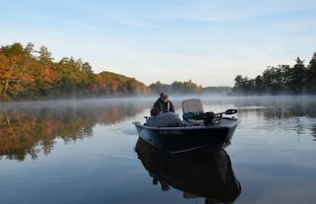 Camden resident Fred Weismiller has been watching the rowers all season as makes his daily boat trips on Megunticook. He kindly took Penobscot Bay Pilot on a photo cruise Oct. 14. (Photo by Lynda Clancy)