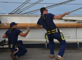 HS1 John Devine and Seaman Luis Escobosa, on a Sept. 10 wear. (Photo by Lynda Clancy)