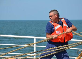 Justin Perry grew up in Brewer. He is now a chief aboard the Eagle, in charge of the fore mast. (Photo by Lynda Clancy)