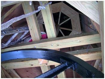 A view of the bracing inside the new spire in Stockton Springs. (Photo by Ethan Andrews)