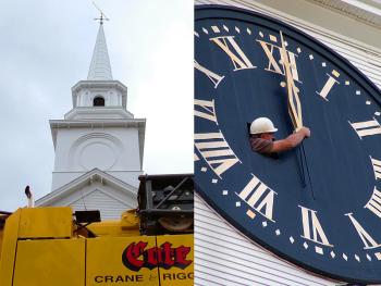 A rebuilt steeple in Stockton Springs and a reworked clock in Belfast. Both projects wrapped up last week after years in the works. (Photo by Ethan Andrews)