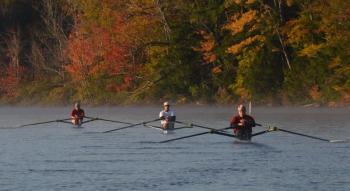Megunticook Lake has been the training ground for Don Seales, of Searsmont, Jeff Folz, of Camden, and Jim Wescott, of Belfast. All three are heading to Boston Friday, Oct. 18, to participate in the Head of the Charles annual rowing regatta. If you see them, wish them luck! (Photo by Lynda Clancy)