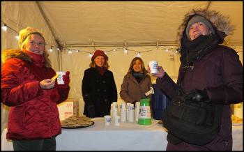 From left, Jean Benjamin (Rockland), Jean Johnson (Owls Head), Stephanie Mathews (Camden) and Phyllis Von Herrlich (Augusta) enjoy hot chocolate and cookies on a cold night. (Photo by Chris Wolf)