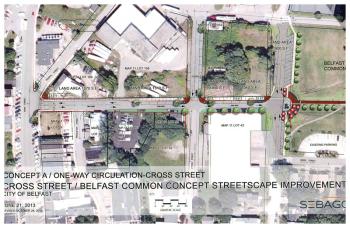 An overview of the area being considered for improvements made possible by a $500,000 Downtown Revitalization grant awarded to Belfast in 2012. (Plans by Sebago Technics)
