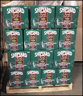 A new Shipyard beer, Mint Chocolate Ale, ready for shipment. (Photo by Chris Wolf)