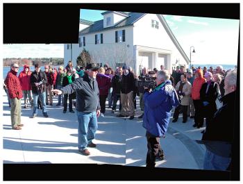 City Planner Wayne Marshall addresses a large crowd outside the Belfast Boathouse at the Harbor Walk grand opening, Nov. 9. (Photo by Ethan Andrews) City Planner Wayne Marshall addresses a large crowd outside the Belfast Boathouse at the Harbor Walk grand opening, Nov. 9. (Photo by Ethan Andrews)