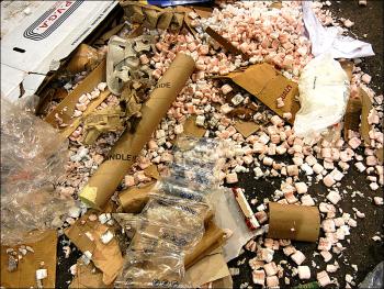 Foam packing peanuts gum up the sorting and baling machinery at Mid-Coast Solid Waste in Rockport, so remember to remove it from inside boxes you plan to recycle, putting the packing peanuts, foam cushions, wire ties and other bits into household trash yellow bags. (Courtesy MCSWC)