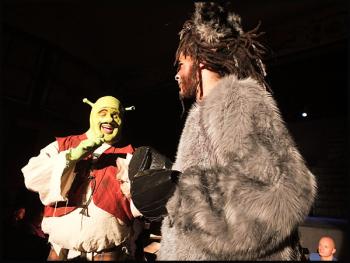 Jacob Corney as Shrek and Jonah Carter as Donkey in the Camden Hills Regional High School production of “Shrek the Musical.”