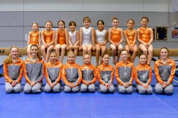 Gymnasts gathered for a group photo prior to the start of Saturday’s Mock Meet at the North Atlantic Gymnastics Academy in the Pen Bay YMCA. (Photo by Ron Hawkes)