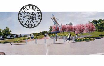 A plaza on the north side of Belfast Common with an overlook and an eye-catching sculpture featured in preliminary designs for improvements to Cross Street and the surrounding area. The estimated $600,000 project would be paid for in part by a half-million dollar Downtown Revitalization grant awarded to the city last year. (Artist’s rendering by Sebago Technics)