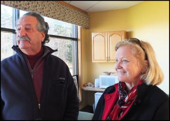 Donald Sussman and his wife, U.S. Rep. Chellie Pingree (D-Maine), Monday at the site of the new Hospice House adjacent to Pen Bay Medical Center off Route 1 in Rockport. (Photo by Chris Wolf)