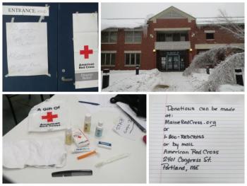A sign adorns the entrance to the shelter at Troy Howard Middle School. A care bag given to every person by the Red Cross includes basic toiletries.
