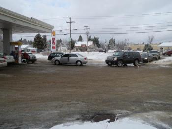 Cars lined up for gas at Dead River on Route 3 in Belfast.