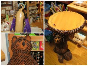 Ron Carlson uses a chainsaw to carve the intricate animals and animal themed furniture (including the three-player cribbage board pictured).