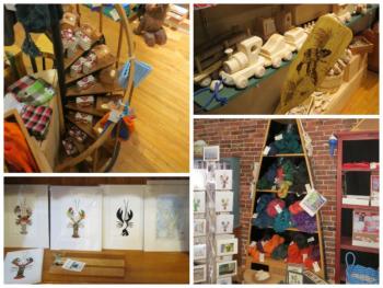 Cedar incense houses adorn a miniature spiral staircase, lobster art and greeting cards, Maine-made yarn, hand-carved oars and wooden cars fill Out of the Woods.