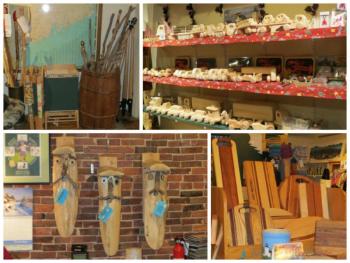 Walking sticks, wooden cars, wooden-face bird houses and oars.