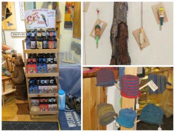 Eli’s Sodas, carved ornaments and knit hats.