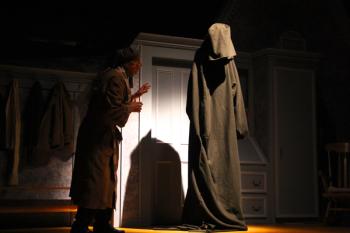 Brian Ross as Ebenezer Scrooge meets the Ghost of Christmas Yet To Come. (Photo by Wes Sterrs)
