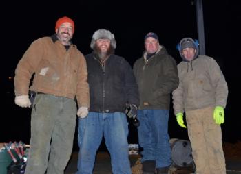 The Rockport Holiday on the Harbor fireworks guys: Dallas Fields, Donald Heald IV, Scott Crockett and Jeff Boston are on Brad Scott's barge, getting ready for a show that Heald rated — on a scale of 1 to 10 – as a 10-plus. (Photo by Lynda Clancy)