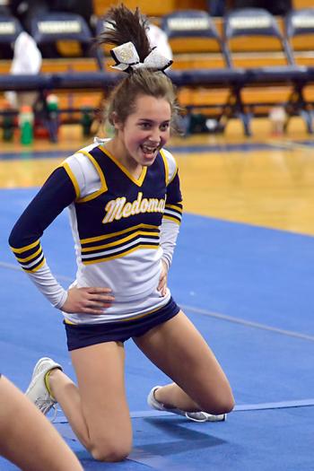Medomak’s Ashlee Wilson shows a little emotion during the team’s performance Thursday. (Photo by Ron Hawkes)