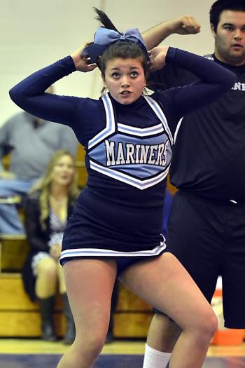Oceanside’s Brittaney Mahonen, front, and Thomas Curtis perform during the wrestling meet at Oceanside West. (Photo by Ron Hawkes)
