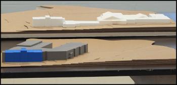 Foreground is one design concept with the current school footprint in the background.