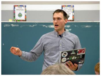 Garrett Wilkin, who served on the stakeholder committee when RSU 3 was considering closing Monroe Elementary School two years ago, was among a number of speakers on Monday who saw the current school closure proposals as short-sighted. (Photo by Ethan Andrews)
