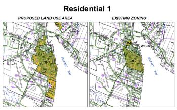 A map of downtown Belfast showing a proposed expansion of the Residential 1 zoning district. The amendment is part of a larger slate of land use changes under consideration by the Planning Board and scheduled for public review in April. (Source: Belfast Planning Office)