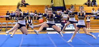 The Medomak Valley High School Cheering Squad performed at half time of the girls varsity basketball game Thursday night in Waldoboro. (Photo by Ron Hawkes)